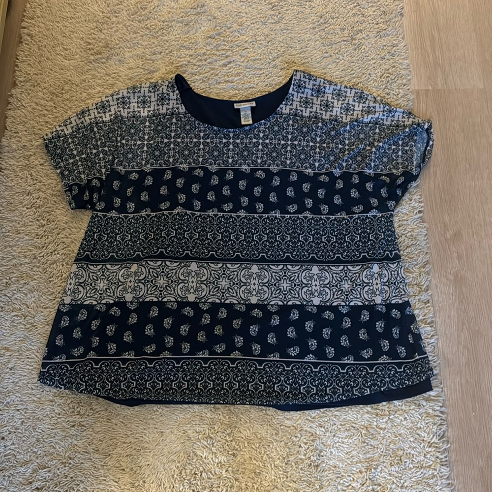 Catherine’s blue and white blouse. 1X.